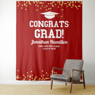 Congrats Grad Red Gold Grad Party Backdrop Tapestry