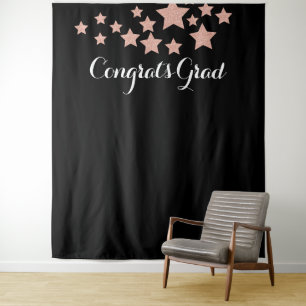 Congrats Grad Rose Gold Glitter Stars Black Tapes Tapestry