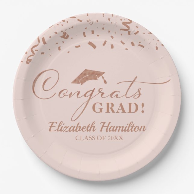 Congrats Grad Rose Gold Script Graduation Party Paper Plate (Front)