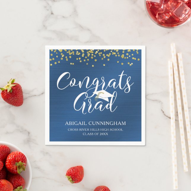 CONGRATS GRAD Script Typography Metallic Blue Gold Napkin (Insitu)