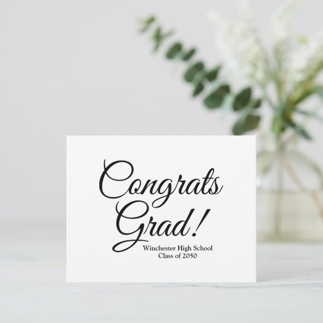 Congrats grad white black custom school class year card (Standing Front)