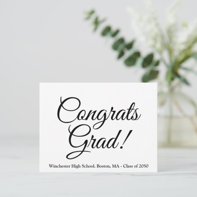 Congrats grad white black custom school class year postcard (Standing Front)