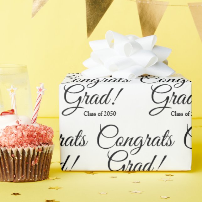 Congrats grad white black custom script class year wrapping paper (Birthday Party)