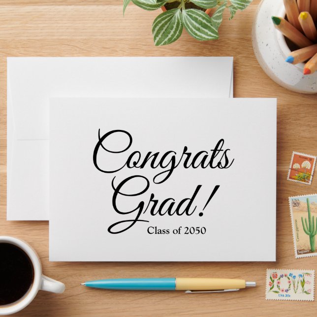 Congrats grad white black script custom class year envelope (Desk)