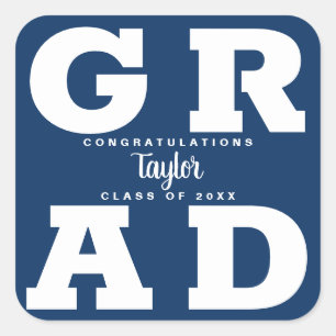 Congrats Grad White on Navy Blue Party Square Sticker