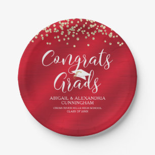 CONGRATS GRADS Red Gold Confetti Personalised Paper Plate