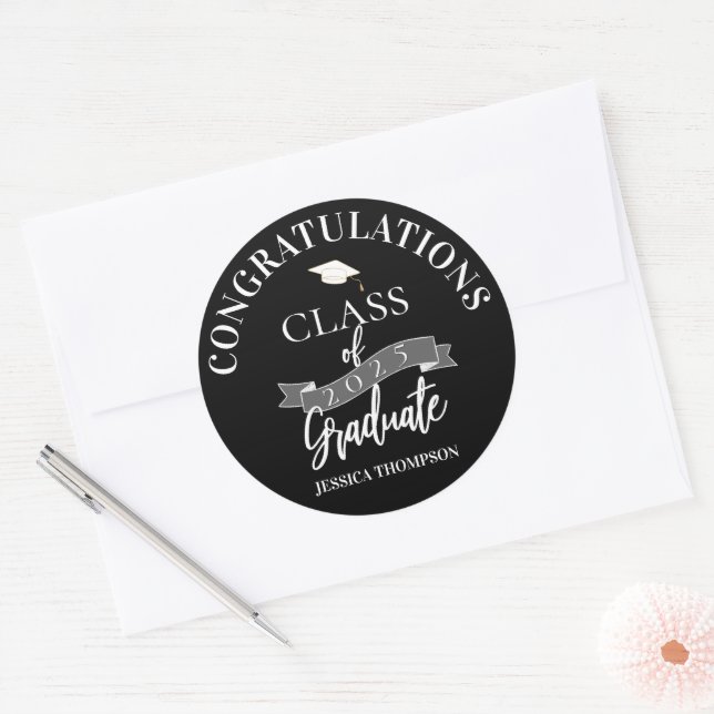 Congrats  Graduate Black Class of 2025 Graduation Classic Round Sticker (Envelope)