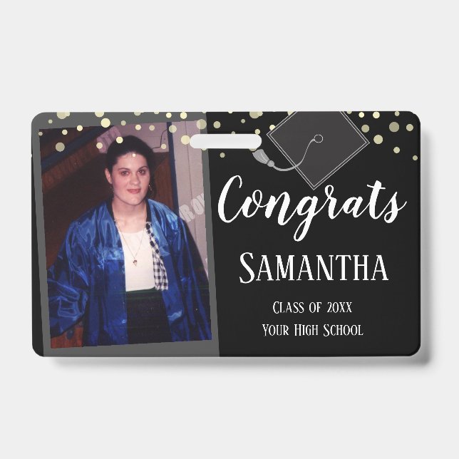 Congrats Graduate Class of One Photo Black Badge ID Badge (Front)