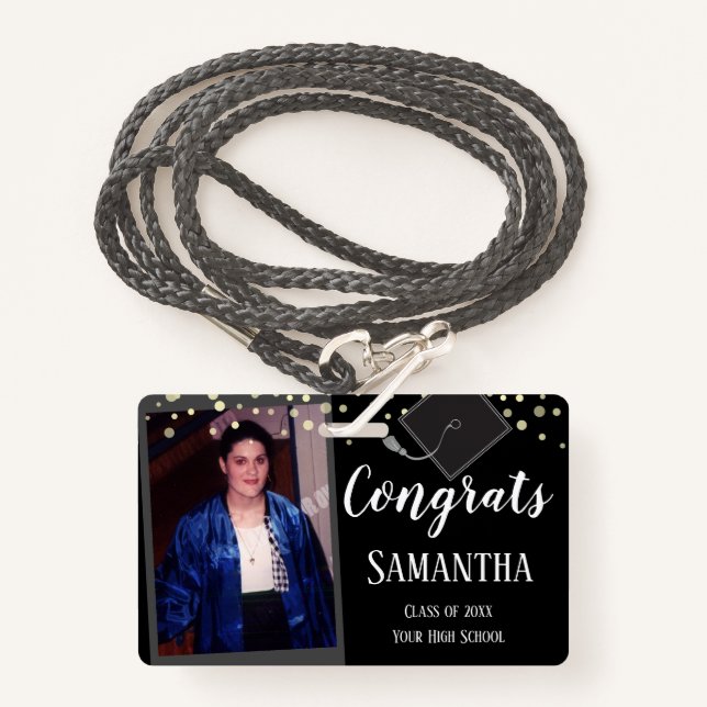 Congrats Graduate Class of One Photo Black Badge ID Badge (Front with Lanyard)