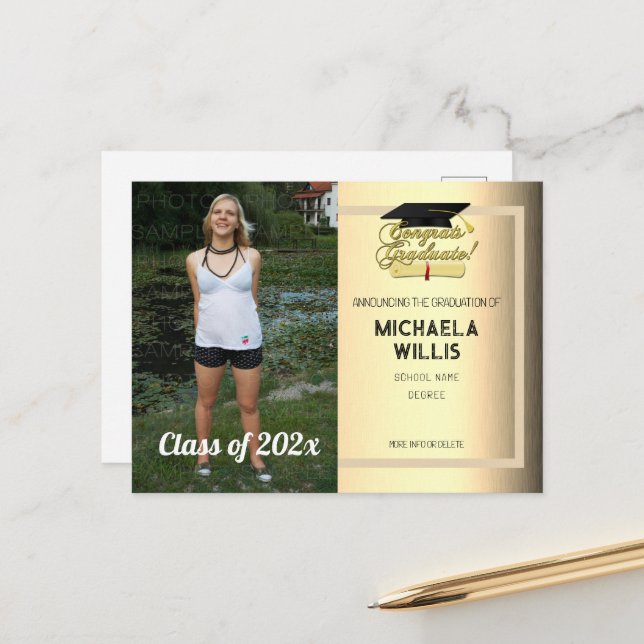 Congrats Graduate Diploma Graduation hat gold Announcement Postcard (Front/Back In Situ)