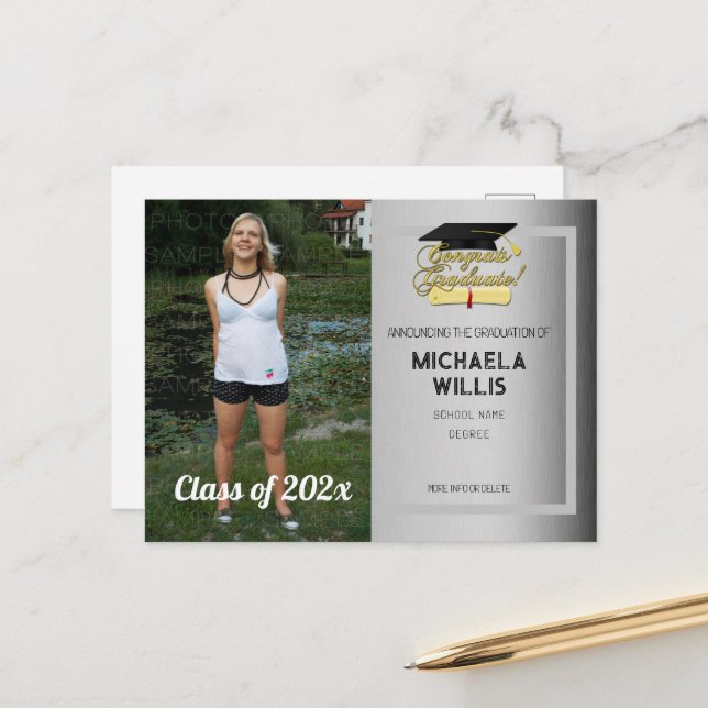 Congrats Graduate Diploma Graduation hat grey Announcement Postcard (Front/Back In Situ)