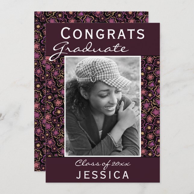 Congrats Graduate Flower Pattern Photo Graduation Card (Front/Back)