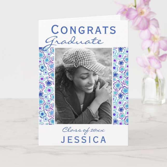 Congrats Graduate Flower Pattern Photo Graduation Card (Orchid)