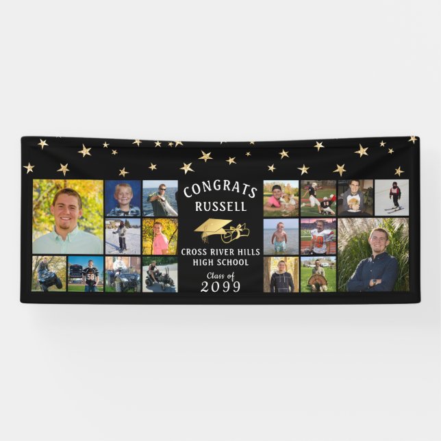 Congrats Graduate Gold Foil 18 Photo Collage Black Banner (Horizontal)