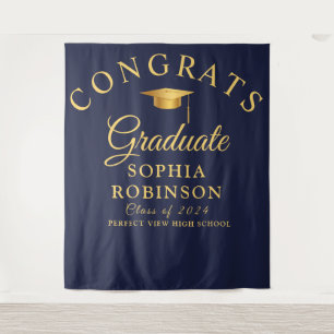 Congrats Graduate Gold Navy Blue Graduation Party Tapestry