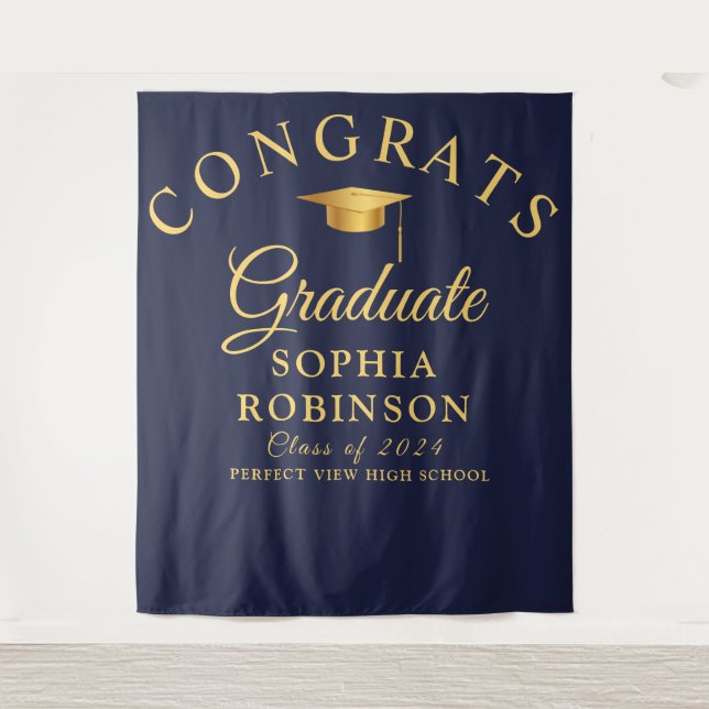 Congrats Graduate Gold Navy Blue Graduation Party  Tapestry (Front)