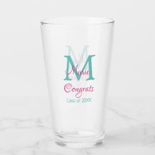 Congrats graduate name monogram green pink blue t glass