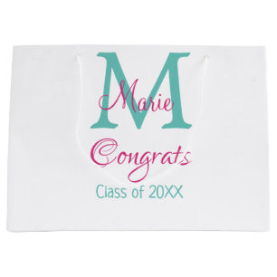 Congrats graduate name monogram green pink blue t large gift bag