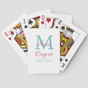 Congrats graduate name monogram green pink blue t playing cards