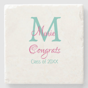 Congrats graduate name monogram green pink blue t stone coaster