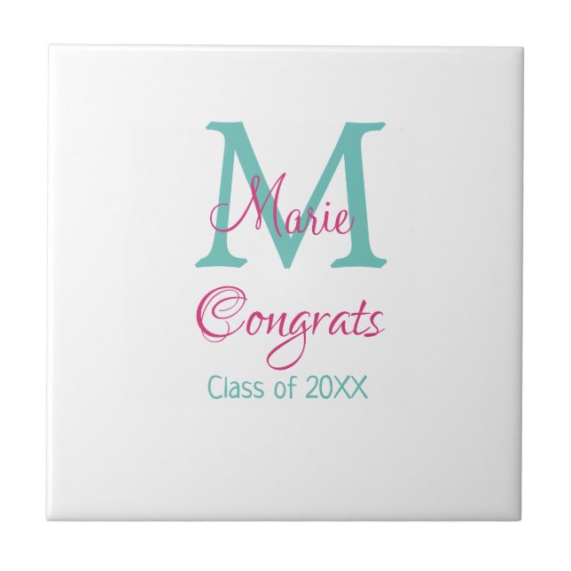 Congrats graduate name monogram green pink blue t tile (Front)