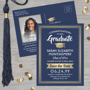 Congrats Graduate Navy & Gold Save the Date Photo Announcement Postcard