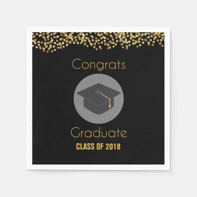 Congrats Graduate w/ Faux Gold Glitter & Grad Cap Napkin (Front)