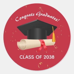 Congrats Graduates Class of Year Graduation Red Classic Round Sticker