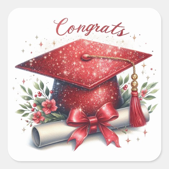Congrats Graduation Cap and Diploma Square Sticker (Front)