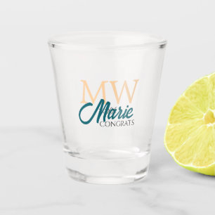 Congrats graduation monogram orange blue 20XX year Shot Glass