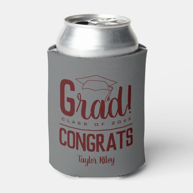 Congrats Graduation Party Deep Maroon and Grey Can Cooler (Can Front)