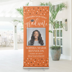 Congrats Graduation Photo Orange Black & White Retractable Banner