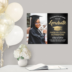 Congrats Photo Brushed Black and Gold Graduation Poster