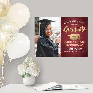 Congrats Photo Brushed Burgundy & Gold Graduation Poster