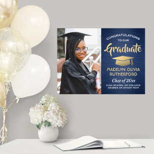 Congrats Photo Brushed Navy Blue & Gold Graduation Poster