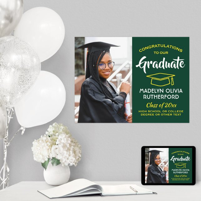 Congrats Photo Green Gold Yellow White Graduation Poster (Creator Uploaded)