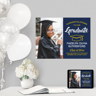 Congrats Photo Navy Blue Gold Yellow Graduation Poster