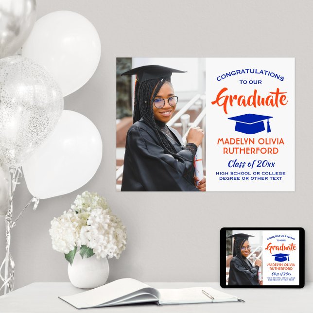 Congrats Photo Orange Blue and White Graduation Poster (Creator Uploaded)