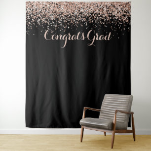 Congrats Pink Black Glitter Sparkle Graduatation Tapestry