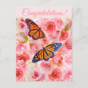 Congrats Pink Watercolor Roses and Butterflies Postcard
