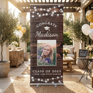Congrats Rustic Wood String Light Graduation Photo Retractable Banner