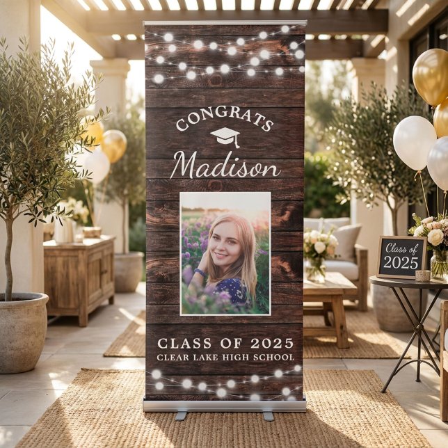 Congrats Rustic Wood String Light Graduation Photo Retractable Banner (Creator Uploaded)