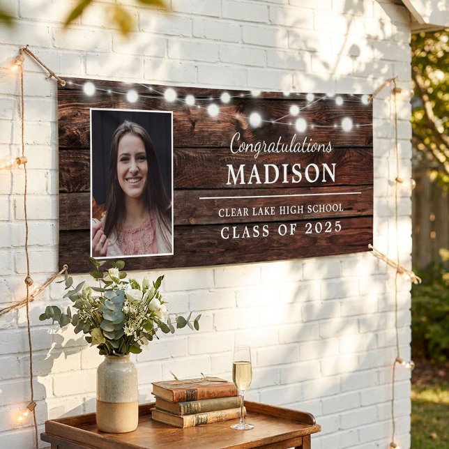 Congrats Rustic Wood String Lights Grad Photo Banner (Creator Uploaded)