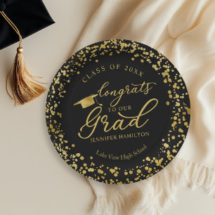 Congrats To Our Grad Gold Black Graduation Paper Plate