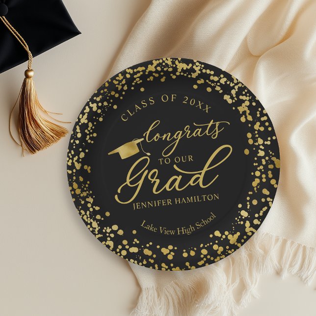 Congrats To Our Grad Gold Black Graduation Paper Plate (Creator Uploaded)