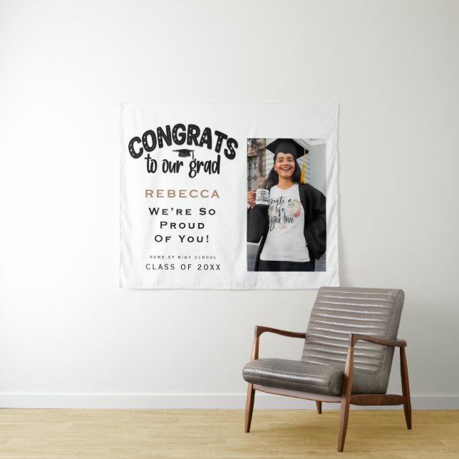 Congrats to Our Grad Photo Name Black Gold White Tapestry (In Situ (Horizontal))