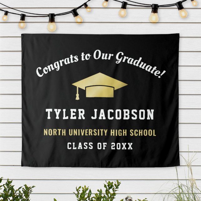 Congrats To Our Graduate Black and Gold Custom Tapestry (Creator Uploaded)