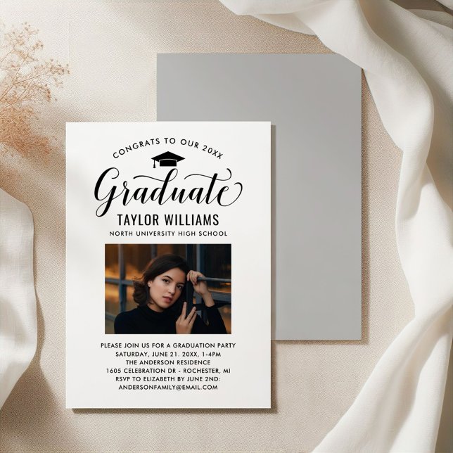 Congrats to Our Graduate Black Script Photo Invitation (Creator Uploaded)