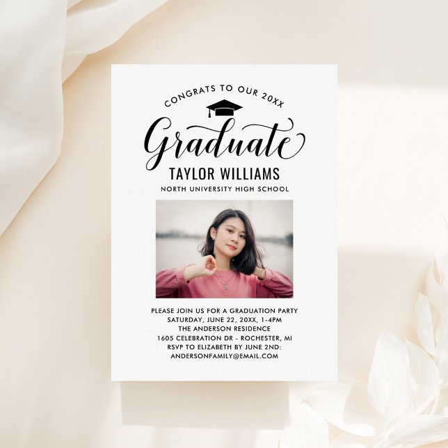 Congrats to Our Graduate Black Script Photo Invitation (Creator Uploaded)