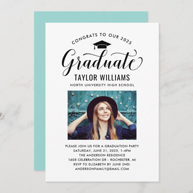 Congrats to Our Graduate Black Script Photo Invitation (Front/Back)